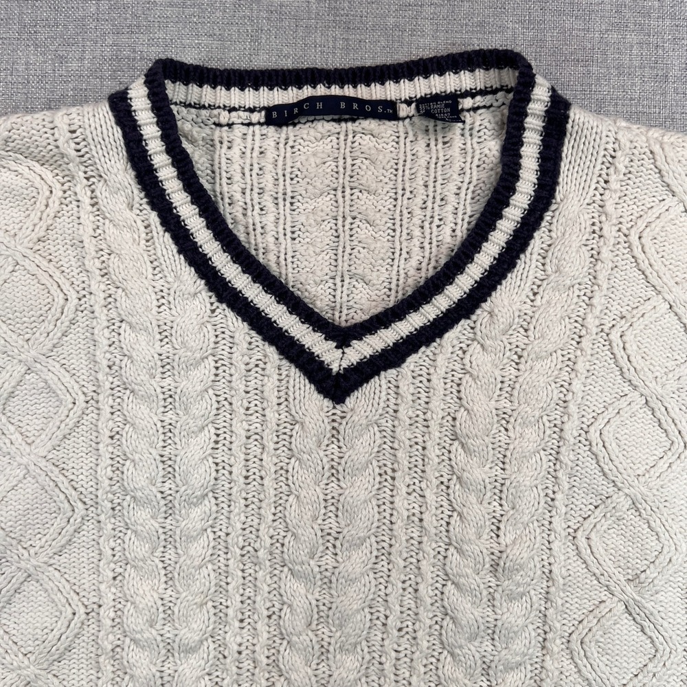 VTG 90s Birch Bros Cable Knit Cricket Sweater Women L White Navy Ivy Tennis Prep - Picture 2 of 9